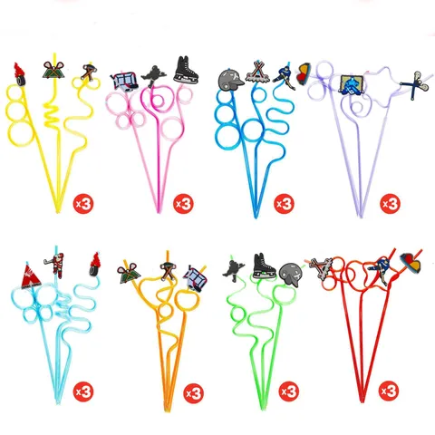 Cartoon Sports Theme Plastic Drinking Straws Set With Removable Charms Colorful Shaped Straws For Birthday Party Drinkware