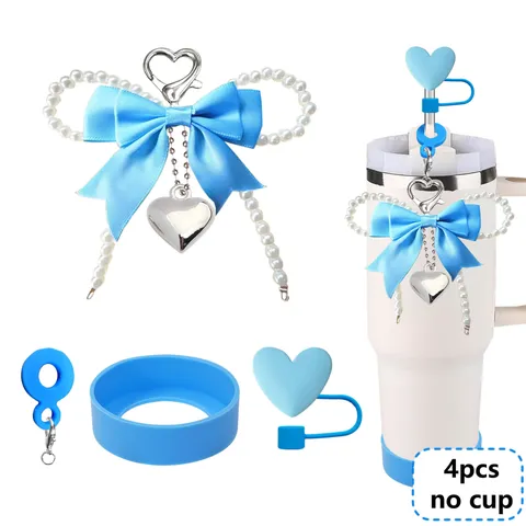 Cute Pearl Bow Water Bottle Accessories Set Silicone Cup Sleeve Straw Cover Charm Chain Drinkware Decoration For Women