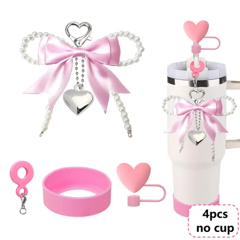 Cute Pearl Bow Water Bottle Accessories Set Silicone Cup Sleeve Straw Cover Charm Chain Drinkware Decoration For Women