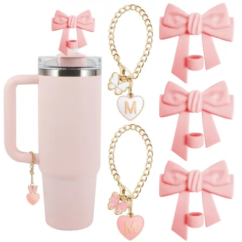 Cute Pink Silicone Straw Cover And Aesthetic Metal Letter Bow Pendant Chain Set For Tumbler Cup Accessories