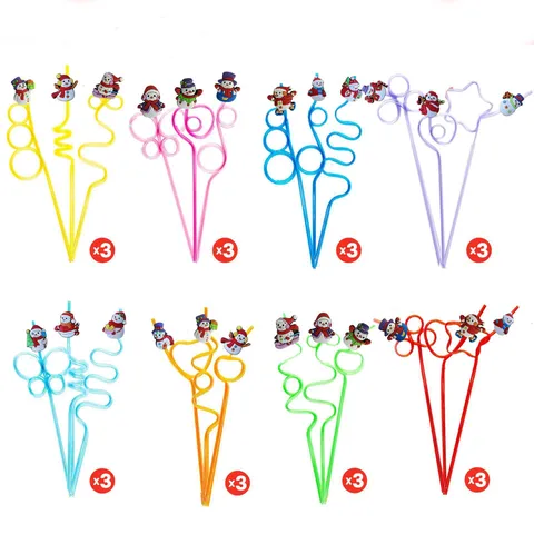 Christmas Snowman Cartoon Plastic Drinking Straws Reusable Flexible Party Drinkware For Holiday Celebration