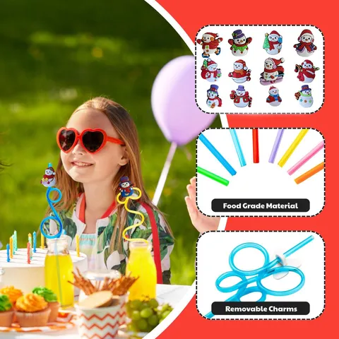 Christmas Snowman Cartoon Plastic Drinking Straws Reusable Flexible Party Drinkware For Holiday Celebration