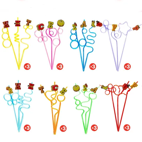 Thanksgiving Cartoon Straw Accessories Set Shaped Plastic Crazy Straws With Pumpkin Turkey Elements Party Drinkware Supplies