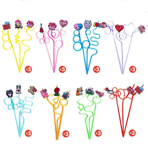 Valentine Day Cartoon Straws Set Creative PVC Charms Flexible Drinking Straws Party Supplies Decorative Drinkware