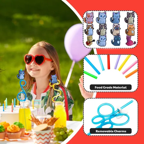 Cartoon Cat Plastic Drinking Straws Set Cute Shaped Straws With Animal Charms For Birthday Party Kids Drinkware