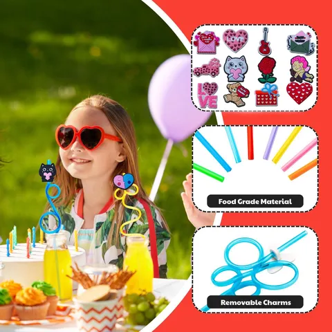 Valentine Day Cartoon Straws Set Creative PVC Charms Flexible Drinking Straws Party Supplies Decorative Drinkware