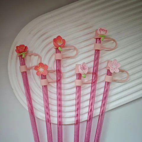 Cherry Blossom Straw Cover Silicone Dust Proof Cap Cute Flower Drinkware Accessories For 10mm Straws Cup Decoration