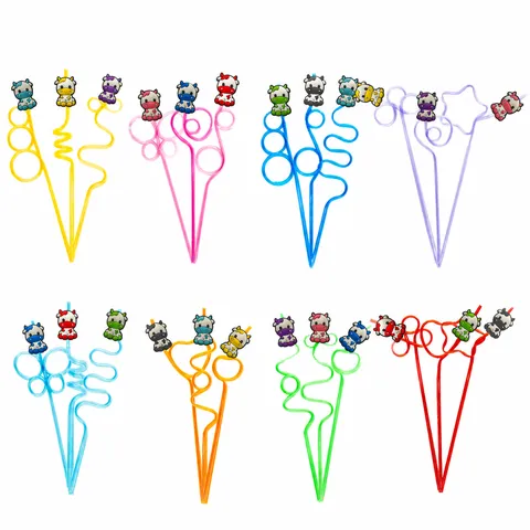 Cartoon Cow Drinking Straws Creative Shaped Plastic Straws Colorful Party Beverage Straws Decorative Drinkware