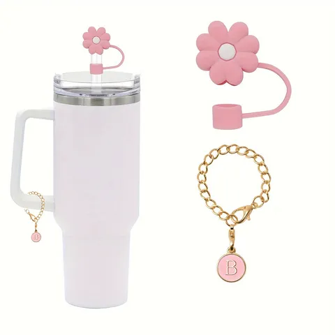 Silikon Strohhalm Abdeckung Und Buchstaben Anhänger Kette Set Süße Blume Strohhalm Topper Tasse Zubehör