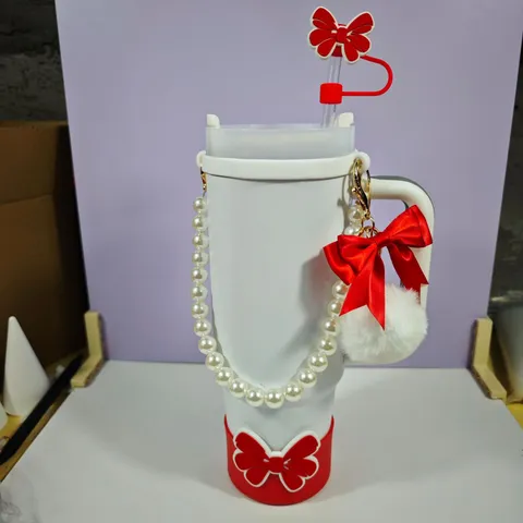 Ensemble de Manchon de Tasse et Embout de Paille en Silicone Botte de Protection Nœud Papillon Rouge pour Bouteille d'Eau Accessoires