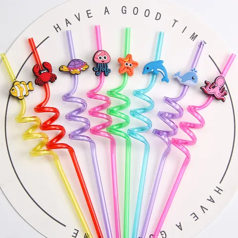 Cartoon Ocean Animal Spiral Drinking Straws Reusable Plastic Sea Life Theme Party Supplies For Kids Birthday