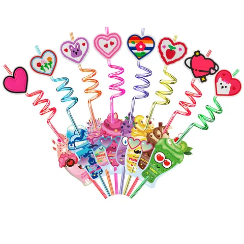 Valentines Day Reusable Plastic Spiral Drinking Straws Cute Cartoon Heart Shaped Straws Kids Party Favors Gifts