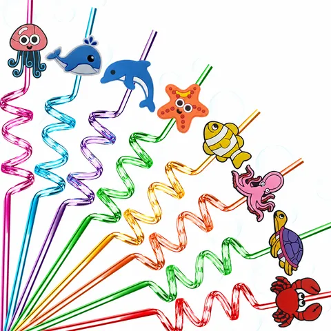 Cartoon Ocean Animal Spiral Drinking Straws Reusable Plastic Sea Life Theme Party Supplies For Kids Birthday
