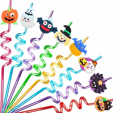 Pajitas Decorativas para Fiesta de Halloween Pajitas Espirales de Plástico de Dibujos Animados Lindo Fantasma Calabaza Artículos de Vacaciones Para Niños