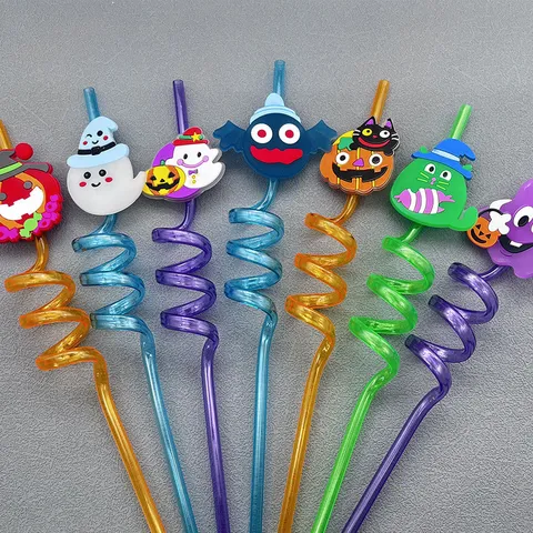 Halloween Party Decorative Drinking Straws Cartoon Plastic Spiral Straws Cute Ghost Pumpkin Holiday Supplies For Kids