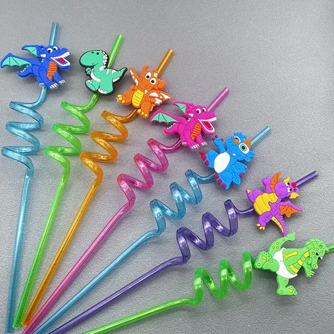Kids Cartoon Dinosaur Plastic Straws Cute Spiral Bendable Drinking Straws For Party Beverage Accessories