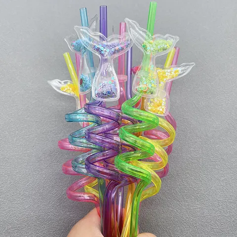 Creative Mermaid Quicksand Spiral Straws Food Grade Plastic Kids Party Drinking Straws Bar Beverage Decor
