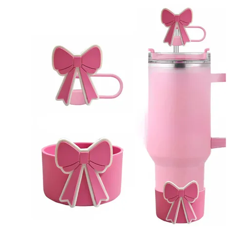 Siliconen Bekerhoes en Rietje Afdekkingsset Schattige Strik Stofdop Waterfles Accessoires