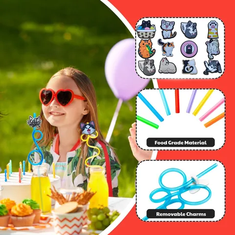 Cartoon Cat Shaped Drinking Straws Set Cute Reusable Plastic Flexible Straws With Silicone Charms For Party Drinkware Accessories