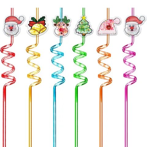 Christmas Spiral Straws Glitter Santa Claus Elk Christmas Tree Party Decorative Drinking Straws
