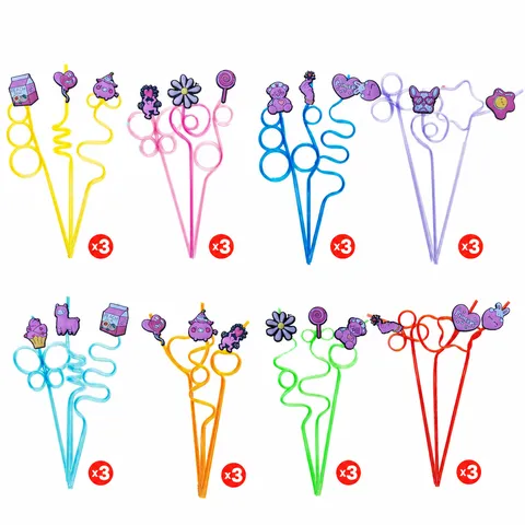 Cute Cartoon Shaped Drinking Straws Set With Colorful PVC Charms Reusable Plastic Straws For Kids Party Home Drinkware