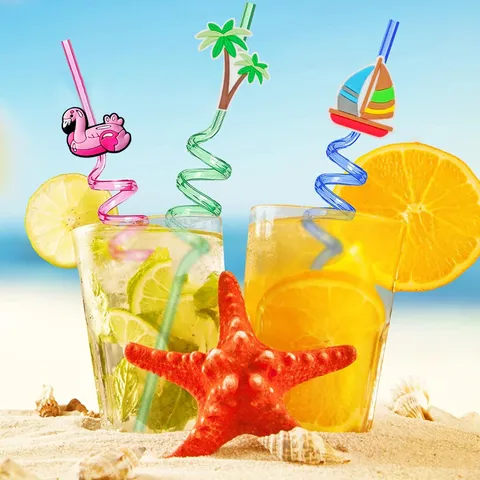 Summer Beach Party Plastic Drinking Straws Children Spiral Cartoon Straws Drinkware For Pool Party Outdoor Drinking Supplies