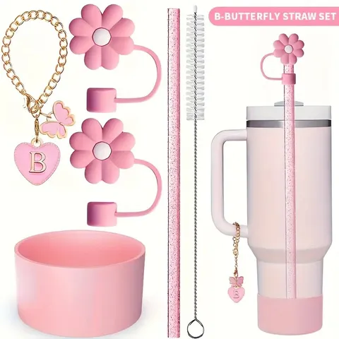 Ensemble d'Accessoires pour Bouteille d'Eau en Silicone et Métal Chaîne de Lettres Housse de Paille Fleur Botte de Fond Antidérapante Décoration de Gobelet