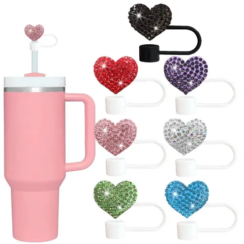 Rhinestone Heart Straw Cover Silicone Straw Topper Reusable Dustproof Straw Cap Charm For Tumbler Cup Accessories
