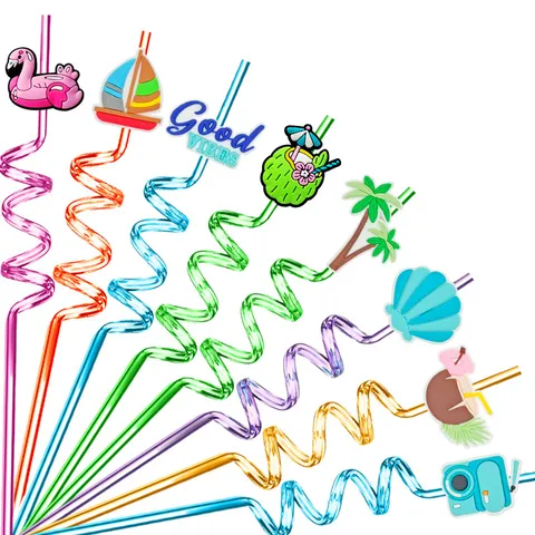 Summer Beach Party Plastic Drinking Straws Children Spiral Cartoon Straws Drinkware For Pool Party Outdoor Drinking Supplies