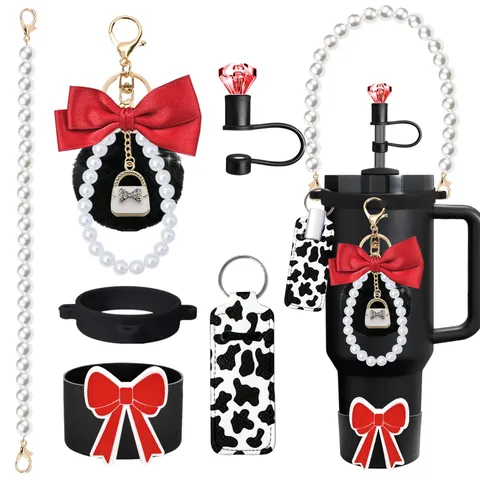 Silicone Cup Boot Pearl Strap Leopard Lipstick Bag Pompom Bow Keychain Rhinestone Straw Cap Tumbler Accessories Set
