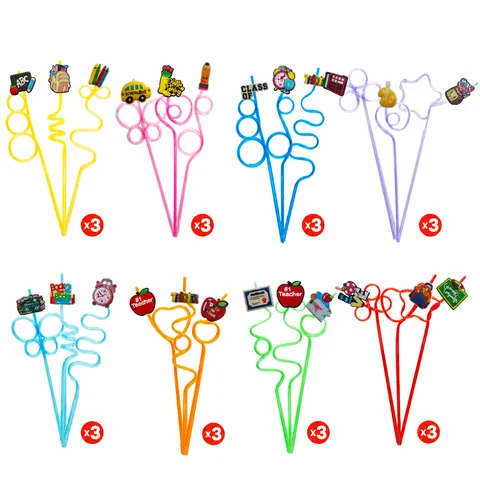 Creative Cartoon School Theme Plastic Drinking Straws Set With Cute Removable PVC Charms Party Drinkware Accessories