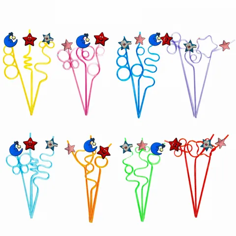 Colorful Plastic Cartoon Star Moon Drinking Straws Reusable Party Straws Set For Birthday Party Supplies Drinkware