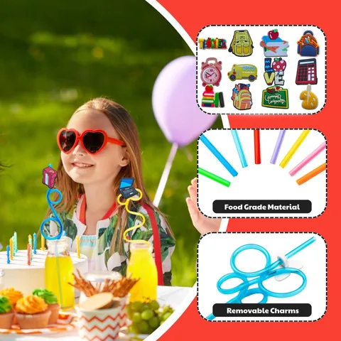 Creative Cartoon School Theme Plastic Drinking Straws Set With Cute Removable PVC Charms Party Drinkware Accessories