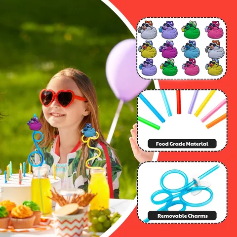 Colorful Cartoon Duck Straws Reusable Plastic Drinking Straws With Animal Charms For Birthday Party Decorative Drinkware