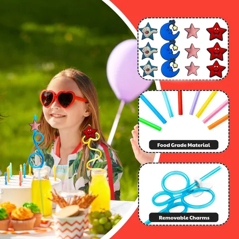 Colorful Plastic Cartoon Star Moon Drinking Straws Reusable Party Straws Set For Birthday Party Supplies Drinkware