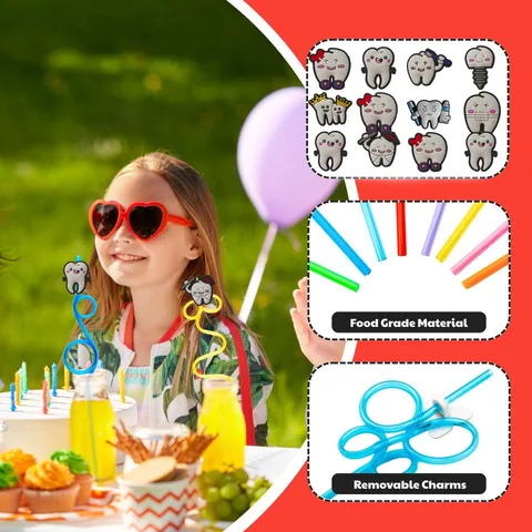 Creative Cartoon Tooth Plastic Drinking Straws Cute Colorful Party Drinking Accessories For Birthday Party Decorative Drinkware