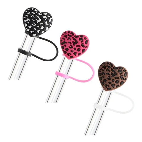 Cute Cartoon Silicone Straw Covers Leopard Print Heart Straw Toppers Dust-Proof Reusable Drinking Straw Accessories
