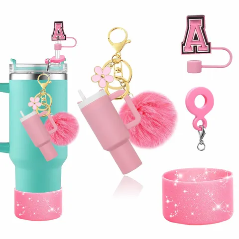 Mini Tumbler Cup Keychain Pom Pom Pendant Letter Straw Cover Silicone Cup Bottom Sleeve Accessories Set
