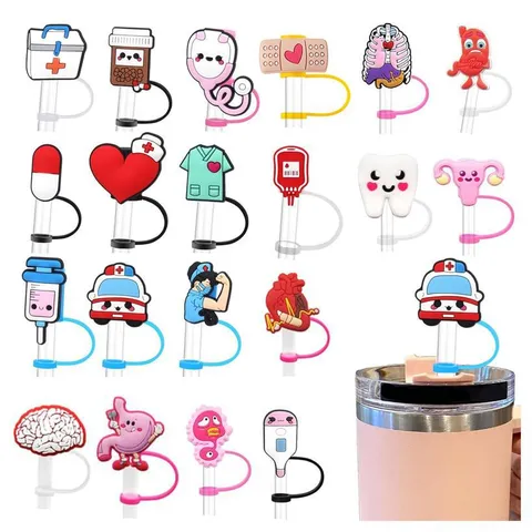 Cute Cartoon Nurse Medical Silicone Straw Cover Cap For Stanley Cup Reusable Dustproof Straw Topper Cup Accessories
