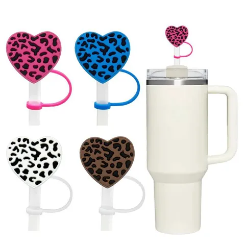 Cartoon Silicone Straw Covers Leopard Heart Straw Protector Reusable Drinking Straw Toppers Dustproof Cap Tumbler