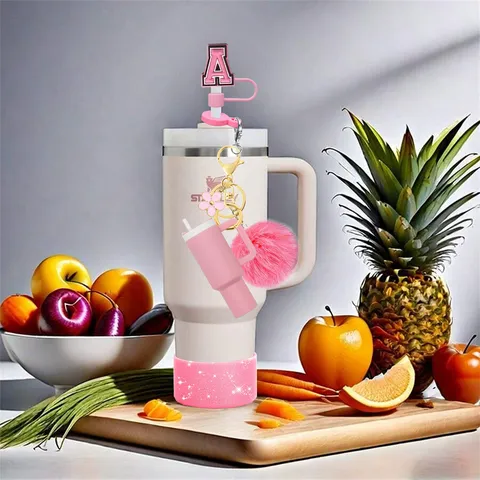Mini Tumbler Cup Keychain Pom Pom Pendant Letter Straw Cover Silicone Cup Bottom Sleeve Accessories Set