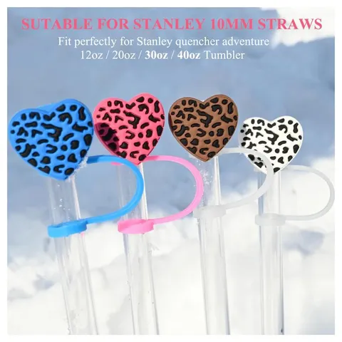 Cartoon Silicone Straw Covers Leopard Heart Straw Protector Reusable Drinking Straw Toppers Dustproof Cap Tumbler