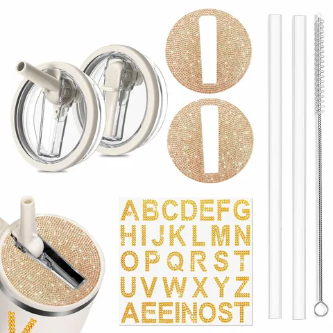 Tumbler Lid Replacement DIY Rhinestone Lid With Straw Brush And Letter Stickers Colorful Cup Cover Accessories