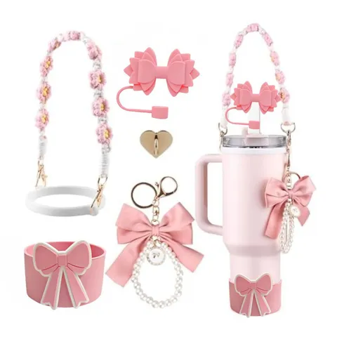 Ensemble d'Accessoires de Gobelet Couvercle de Paille Nœud Chaîne de Perles Poignée Tressée Bottine en Silicone