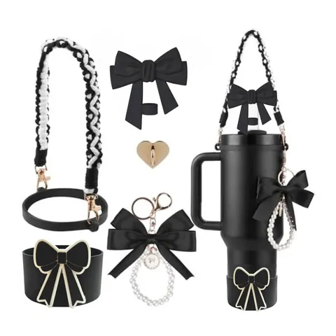 Ensemble d'Accessoires de Gobelet Couvercle de Paille Nœud Chaîne de Perles Poignée Tressée Bottine en Silicone