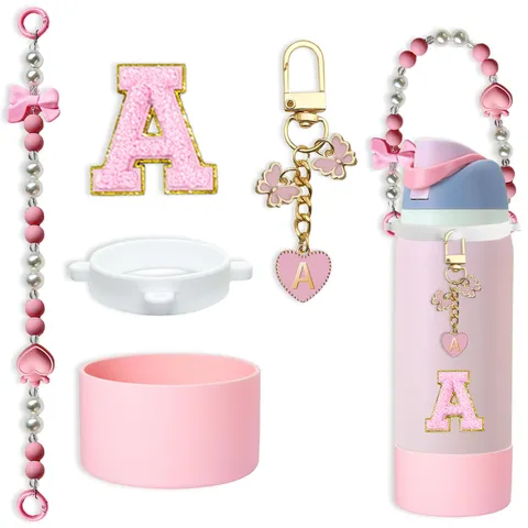 Housse de Gobelet en Silicone Sangle Perlée Breloque Lettre Porte-clés Glands Accessoires de Bouteille d'Eau d'Extérieur