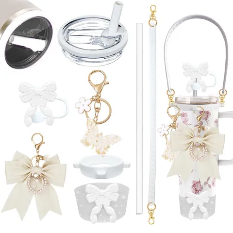 Cute Bow Flower Silicone Cup Sleeve Straw Cover Keychain Hand Strap Insulated Tumbler Accessories Set