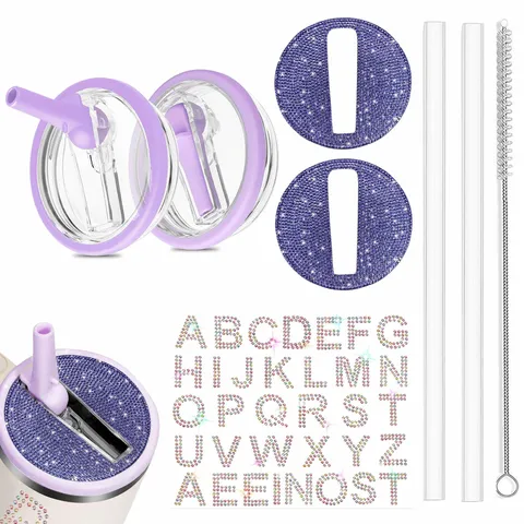 Tumbler Lid Replacement DIY Rhinestone Lid With Straw Brush And Letter Stickers Colorful Cup Cover Accessories