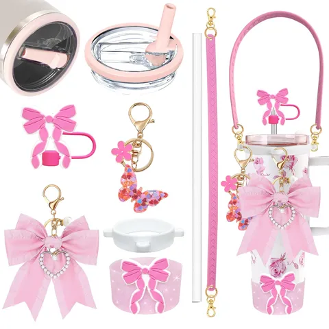 Cute Bow Flower Silicone Cup Sleeve Straw Cover Keychain Hand Strap Insulated Tumbler Accessories Set