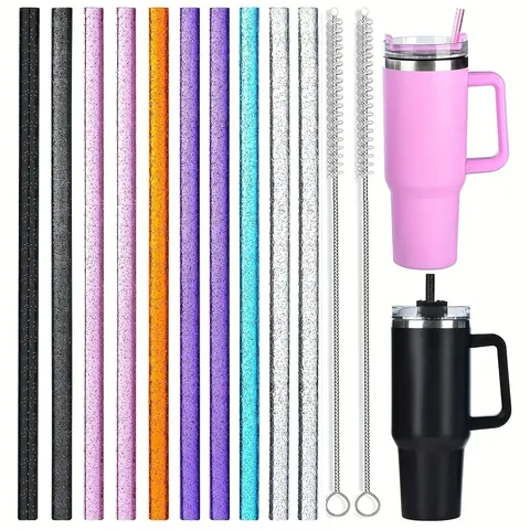 Stainless Steel Tumbler Straws Replacement Set With Glitter Design Reusable Drinking Straws And Cleaning Brushes For Cups